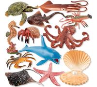 HYAKIDS 12 Figuras de Animales Marinos Juguetes Niños 3 Años, Grandes Animales del Mar - Pulpo, Tortuga, Cangrejos, Langosta, Juguetes Educativos, Cake Topper