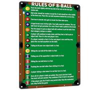 HYBLOM Póster clásico de pared para sala de juegos, para amantes del billar, letrero de metal vintage con reglas de 8 bolas, club retro, sala de billar y decoración de cueva de hombre, 8 x 12 pulgadas