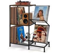 HYCFYJR Mueble Tocadiscos con Soporte Vinilos de 2 niveles, Mesa Tocadiscos con Marco de Metal, Mesa Reproductor Vinilo para Sala de Estar, Marrón Rústico