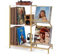 HYCFYJR Mueble Tocadiscos con Soporte Vinilos de 2 niveles, Mesa Tocadiscos con Marco de Metal, Mesa Reproductor Vinilo para Sala de Estar, Color Blanco Dorado