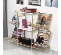 HYCFYJR Mueble Tocadiscos con Soporte Vinilos de 4 niveles, Mesa Tocadiscos con Marco de Metal, Mesa Reproductor Vinilo para Sala de Estar, Color Blanco Dorado