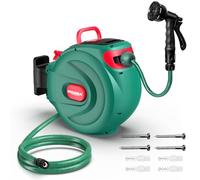 HYCHIKA Enrollador Manguera Jardin 30M - Carrete Retráctil Manguera para Pared, Bloqueo Automático, Pistola 8 Funciones, Caja Giratoria 180°, Almacenaje Seguro Riego Exterior