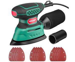 HYCHIKA Lijadora Madera 140W, Lijadora 13000 OPM Eficiente Recolección de Polvo, con 12 hojas de lija, ideal para lijar madera y remover óxido y pintura