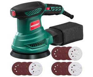 HYCHIKA Lijadora Orbital 300W, 6 Velocidad 13000RPM, Motor Cobre. | Lijadora Eléctrica para Madera con 12 Lijas 125mm (80/120/240), Bolsillo Recogida Lavable para Madera y Metal