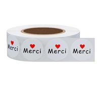 Hycodest Pegatinas redondas francesas de agradecimiento Merci, etiquetas adhesivas blancas con corazón rojo, 1000 etiquetas de 1 pulgada