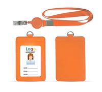 HYCOPROT Soporte para credencial de piel sintética con 1 ventana de identificación,soporte para tarjeta con clip de carrete retráctil y mosquetón de identidad (Naranja, Derecho)