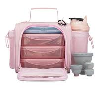 HydraCup - Bolsa de almuerzo aislada rosa con contenedores, bolsa de preparación de comidas incluida paquetes de hielo, botella mezcladora, embudos de proteínas y correa de equipaje, bolsa de comida
