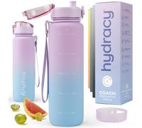 Hydracy botella de agua con marcador de tiempo - Botella grande de 1 litro con gradiente libre de BPA - Botella de gimnasio a prueba de fugas con infusor de frutas, colador y horarios para beber