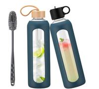 HYDRAGLAZIC 1L Botella de Cristal, Botella de Agua Reutilizable, con Marcas de Tiempo, Vidrio de Borosilicato con 2 Tapas, Sin Fugas, para Deporte, Camping, para Niños y Adultos, Marina de Guerra