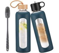 HYDRAGLAZIC 700ml Botella de Cristal, Botella de Agua Reutilizable, con Marcas de Tiempo, Vidrio de Borosilicato con 2 Tapas, Sin Fugas, para Deporte, Camping, para Niños y Adultos, Marina de Guerra