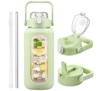 HYDRAGLAZIC Botella de agua de cristal de 2 l con 2 tapas, tapa de 2 litros, jarra de agua grande con marcador de tiempo y funda de silicona, sin BPA, a prueba de fugas para deporte, color verde claro