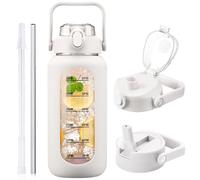 HYDRAGLAZIC Botella de agua de cristal de 2 l con 2 tapas, tapa de 2 litros, jarra de agua grande con marcador de tiempo y funda de silicona, sin BPA, a prueba de fugas para deportes de gimnasio,