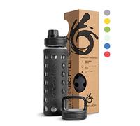 hydro2go® Botella de Agua con Pajita - Botella de Agua de Vidrio 550 ml con Tapa de Silicona, 100% Impermeable, Apta para Lavavajillas, 2 Tapas