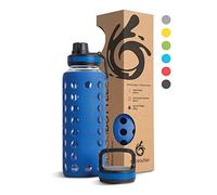 hydro2go Botella de Agua con Pajita - Botella de Vidrio 950 ml, con Tapa de Silicona, Impermeable, Apta para Lavavajillas, 2 Tapas