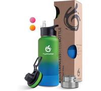 hydro2go botella de agua con pajita Inoxidable - Sin BPA & Térmica - Mantiene bebidas 12 h calientes / 24 h frías - 3 tapas incluidas, 950 ml (Earth)