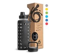 hydro2go Botella de Agua de Vidrio con Funda de Silicona - 100% a Prueba de Fugas, Libre de BPA, Apta para Lavavajillas, 2 Tapas Reemplazables - para Deportes y Oficina (Onyx Black 2.0) - 950 ml