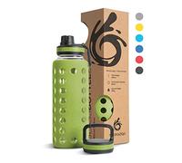 hydro2go Botella de Agua de Vidrio con Funda de Silicona - 100% a Prueba de Fugas, Libre de BPA, Apta para Lavavajillas, 2 Tapas Reemplazables - para Deportes y Oficina (Olive Green 2.0) - 950 ml