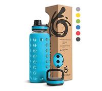 hydro2go Botella de Agua de Vidrio con Funda de Silicona - 100% a Prueba de Fugas, Libre de BPA, Apta para Lavavajillas, 2 Tapas Reemplazables - Para Deportes y Oficina (Coral Blue 2.0) - 950 ml