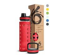 hydro2go botella de vidrio con funda de silicona - Apta para lavavajillas, 2 tapas intercambiables, 100% a prueba de fugas & sin BPA - Ideal para, oficina y exteriores (Urban Red 2.0) - 550ml