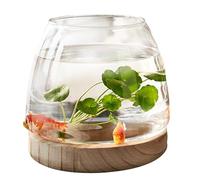 Hydroponic Plant Vase, Fish Tank, Flower Vase Centerpiece, 3.9x3.9x2.7in Decorative Glass Bowl, Glass Clear Vase Fish Tank with Wooden Base for Wedding Event Home Decor