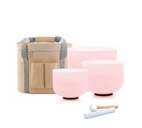 Hye-eun Juego de cuencos de cristal rosa, 432 Hz, 20,4 cm, 25,4 cm, 3 unidades, cuarzo esmerilado, con funda de transporte beige, para curación de sonido, yoga, meditación