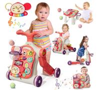 HYES 5 en 1 Correpasillos Bebé Andador, Centro de Actividades para Learn to walk, sit, and stand, Tablero de Juego Extraíble con música, Regalo para Niños Pequeños, Rojo