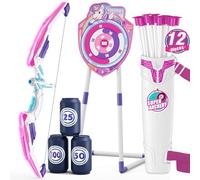 HYES Arco y Flechas para Niños, Juguetes de Tiro con 1 Arco, 12 Flechas de Ventosa, 1 Objetivo de Pie, 1 Soporte de Flecha y 3 Objetivos de Puntuación, Juguete Regalo para Interior y Exterior, Morado