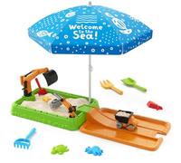 HYES Arenero Niños Exterior con Tapa, Arenero de Excavadora con Sombrilla, Pala de Arena, Juguetes de Playa, Regalos Juegos de Verano para Niños Niñas Infantil 3-5 Interior Exterior, Verde