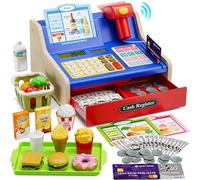 HYES Caja Registradora de Madera para Niños con Escáner y Sonido, Calculadoras Reales, Juguetes Dinero / Monedas / Tarjeta de Crédito / Cesta de Compras, Navidad Regalo Juego para Niños Niñas, Azul