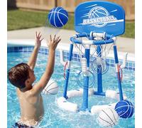 HYES Canasta de Baloncesto Piscina, Flotante Canasta Juguetes para Niños, Piscina de Baloncesto con 4 Bolas 8 Anillo, Juegos de Agua Interior y Exterior para Niños Adultos, Azul