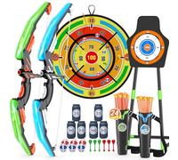 HYES Juego de 2 juguetes de arco y flecha para niños, juego de tiro con arco ligero con tabla de dardos de 29 pulgadas, flechas de ventosa, objetivo de pie, objetivos de puntuación, regalo de interior