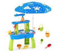 HYES Mesa de Agua para Niños, 3 Niveles Mesa de Arena y Agua con Paraguas, lluvia Duchas Salpicadura Estanque para al Aire Libre Playa Patio Trasero Verano, Mesa Sensorial Juego para Niños Niñas, Azul