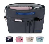 HyFanStr Organizador de Bolsos, Poliéster Organizador Bolso Shopper Bolsa Organizadora con Llavero, Bolso Interior con Cremallera Bolsillo Interno para Almacenar Cosméticos Documentos Gris Oscuro XL
