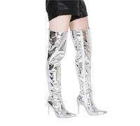 HYFEUOKF Botas altas hasta el muslo con espejo plateado sexy for mujer, zapatos de punta puntiaguda for fiesta en club, tacones finos por encima de la rodilla, largos para(Silver,38)