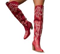 HYFEUOKF Botas altas hasta la rodilla for mujer, estilo vaquero occidental, con cremallera lateral y tacones largos de tubo.(Red,41)