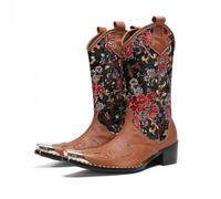 HYFEUOKF Botas de caballo bordadas for hombre, botas vaqueras con puntera de metal, parches de alto rendimiento y botas altas de tacón alto estilo rock.(Brown,41)