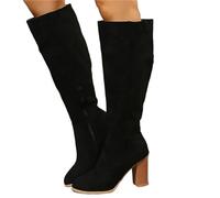 HYFEUOKF Botas de tacón alto retro for mujer, estilo vaquero occidental, gruesas, cálidas, de piel afelpada, largas hasta la rodilla, de gamuza(Black,39)