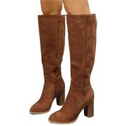 HYFEUOKF Botas de tacón alto retro for mujer, estilo vaquero occidental, gruesas, cálidas, de piel afelpada, largas hasta la rodilla, de gamuza(Brown,39)