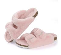 HYFEUOKF Pantuflas peludas for mujer, con plantilla de corcho, sandalias mullidas, con punta abierta, for casa, con soporte for el arco y hebilla ajustable(Pink,38)