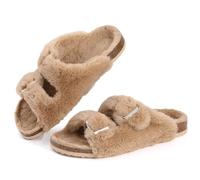 HYFEUOKF Pantuflas peludas for mujer con plantilla de corcho, sandalias mullidas con punta abierta, pantuflas de interior con soporte for el arco ajustable(Khaki,37(22.5cm))