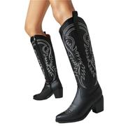 HYFEUOKF Zapatos de calle Rome for mujer, color marrón, rojo y negro, bordados hasta la rodilla, tacones altos gruesos, botas vaqueras anchas estilo western.(Color-02,8.5)