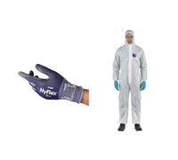 HyFlex 11-561 Guantes Anticortes Ultraligeros, Revestimiento de Nitrilo Antideslizante, Azul, Talla XL (1 Par) + AlphaTec 1500 Model 138, Mono de Trabajo Desechable, Protección Quimica Tipo 5/6.