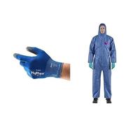 HyFlex 11-618 Guantes de Trabajo, Revestimento de Poliuretano Antideslizante,Azul, Talla XL (12 Pares) + AlphaTec 1500 Model 138, Mono de Trabajo Desechable, Azul, Talla XL (1 Unidad)