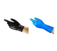 HyFlex 48-102 Guantes de Trabajo Finos, Multiusos, Bricolaje, Negro Talla L (12 Pares) + AlphaTec 37-310 Guantes de Nitrilo Reutilizables, Guantes de Trabajo Multiusos, Azul, Talla L (12 Pares)