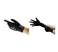 HyFlex 48-102 Guantes de Trabajo Finos, Multiusos, Bricolaje, Negro,Talla L (12 Pares) + Microflex 93-732 Guantes Desechables De Nitrilo Sin Látex Ni Polvo, Multiuso, Negros, Talla L (100 Guantes)
