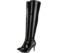 HYFZXWX Botas de rodilla cremallera lateral punta de tacón alto botas de moda para mujeres laca clásica pura botas/N/36EU
