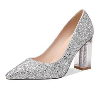 HYFZXWX Mu jer Brillo Tacón de bloque grueso Tacones altos Sexy Zapato puntiagudo Tacón de bloque de cristal Slip-On Salón Boda Básico Zapatos de vestir de noche 8,5 cm botas/M/40EU