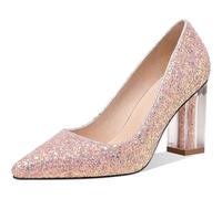 HYFZXWX Mujer Brillo Tacón de bloque grueso Tacones altos Sexy Zapato puntiagudo Tacón de bloque de cristal Slip-On Salón Boda Básico Zapatos de vestir de noche 8,5 cm botas/K/41EU