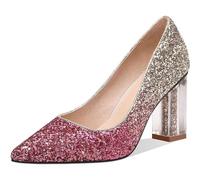 HYFZXWX Mujer Brillo Tacón de bloque grueso Tacones altos Sexy Zapato puntiagudo Tacón de bloque de cristal Slip-On Salón Boda Básico Zapatos de vestir de noche 8,5 cm botas/G/41EU