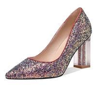 HYFZXWX Mujer Brillo Tacón de bloque grueso Tacones altos Sexy Zapato puntiagudo Tacón de bloque de cristal Slip-On Salón Boda Básico Zapatos de vestir de noche 8,5 cm botas/J/34EU